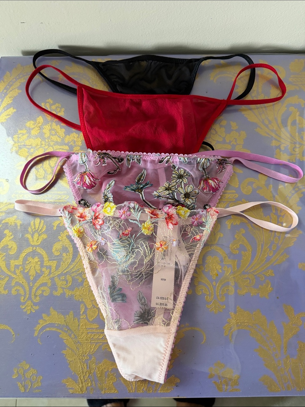 Victoria's Secret Black, Red, Pink & Floral Lace Thong Set